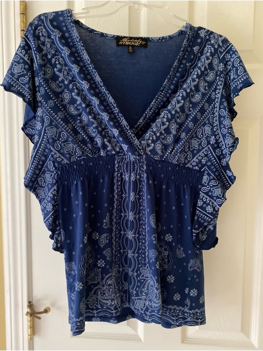 Absolutely Famous Navy Paisley V-Neck Flutter Sleeve Top (Size M)